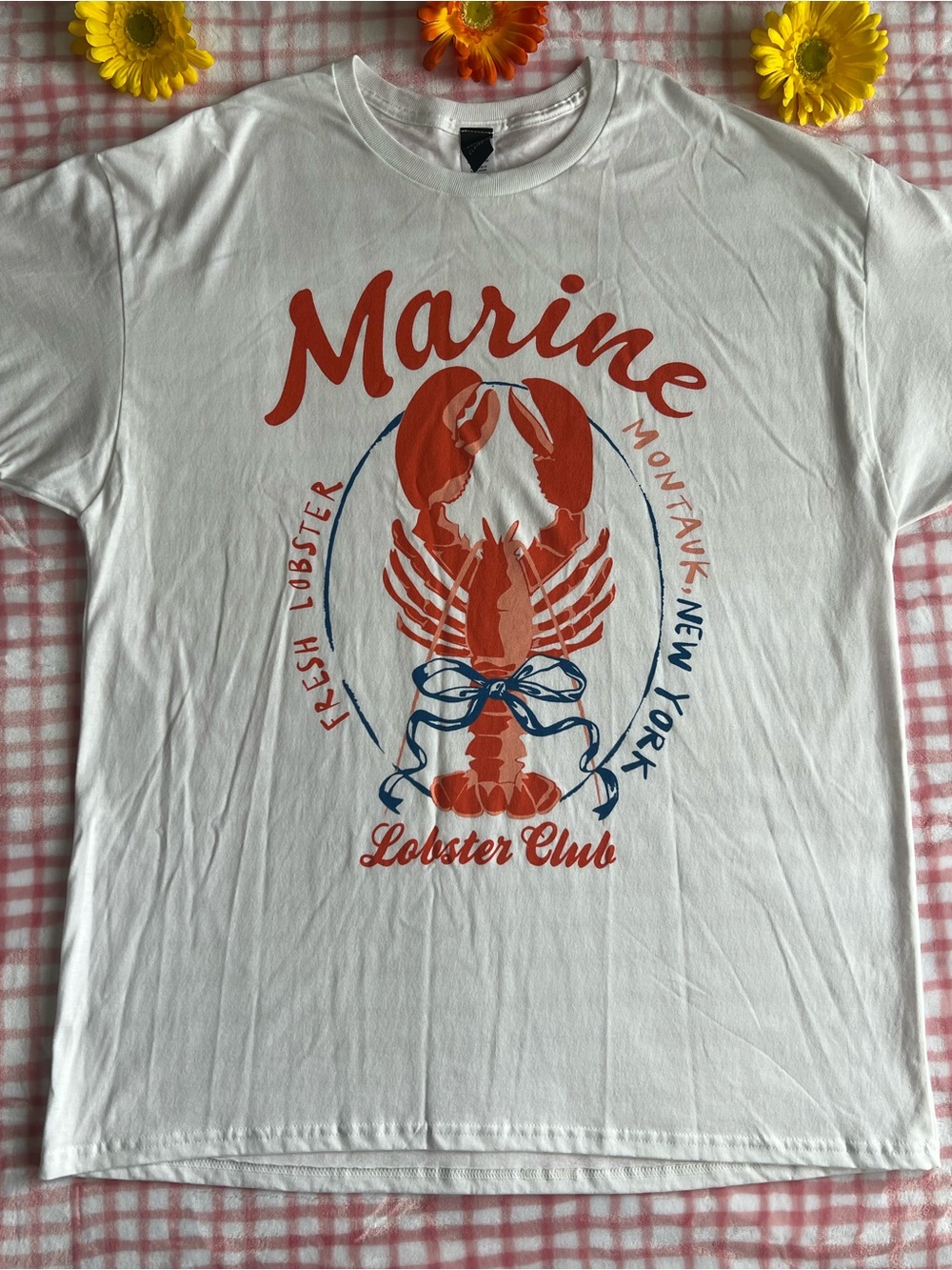 Sweet Claire White Tee with Red-Orange Lobster Graphic and Navy Accents